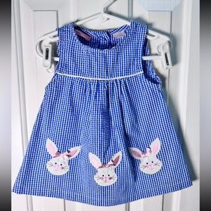 Blue gingham Easter bunny, embroidered dress